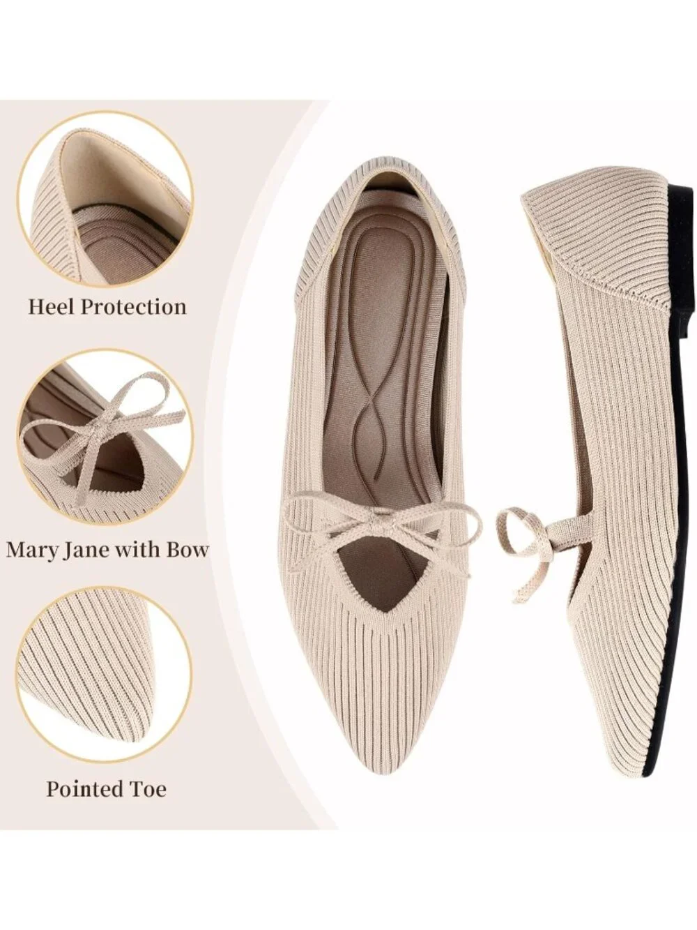 Women's Beige Pointed Toe Flats Comfortable Knit Ballet Shoes Washable Dressy
